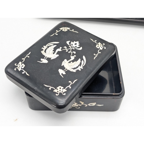 275 - Japanese Lacquer Ware Inlaid Smoking / Dressing Set. Includes, Jewellery Cabinet, Ashtray, Tray, Mat... 