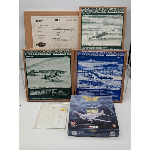 393 - Group 6 Model Plane Kits, 4 Formaplane Kits Opened But Unused, Plus Corgi 1:144 DOuglas Dakota MIB