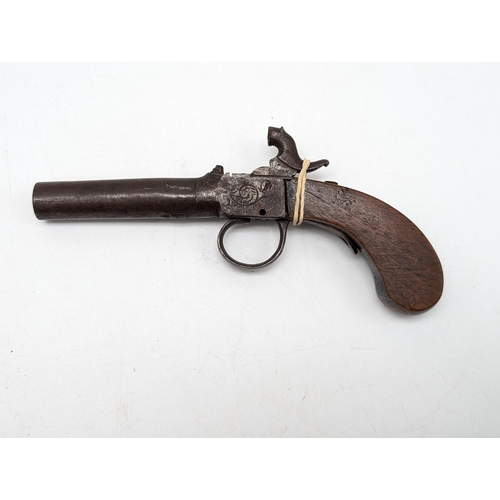 492 - Antique Early 19C Percussion Pocket Pistol AF Needs Repair But Appears Complete, Marks to Barrel As ... 