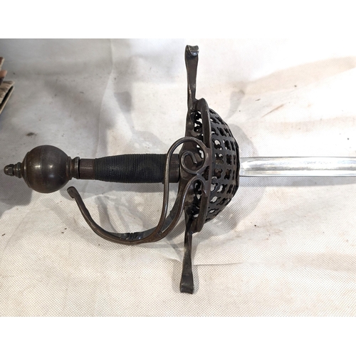 511 - Large Reproduction/Reenactment Scottish Cup Handled Sword. 110cm with 83cm Blade with Leather Scabba... 