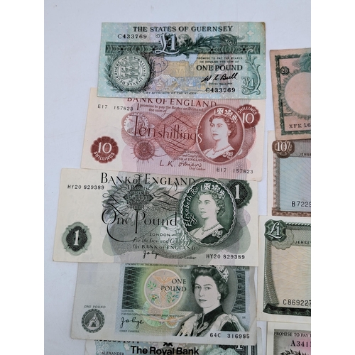 525 - Vintage Paper Currency to Include Guernsey 1966 10 Shillings, Pound Notes, Shillings, Portugese Etc