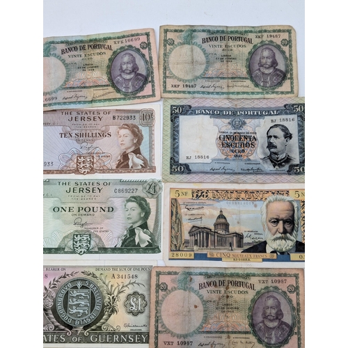 525 - Vintage Paper Currency to Include Guernsey 1966 10 Shillings, Pound Notes, Shillings, Portugese Etc