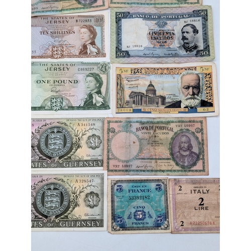 525 - Vintage Paper Currency to Include Guernsey 1966 10 Shillings, Pound Notes, Shillings, Portugese Etc