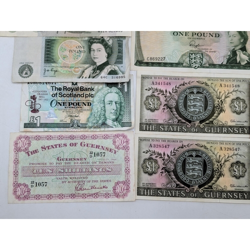 525 - Vintage Paper Currency to Include Guernsey 1966 10 Shillings, Pound Notes, Shillings, Portugese Etc