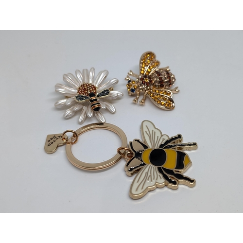 590 - 3 Beautiful Bee Items. 2 Brooch's and A Keyring.