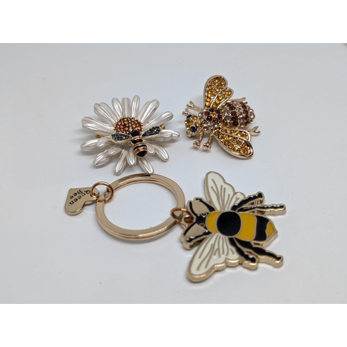 590 - 3 Beautiful Bee Items. 2 Brooch's and A Keyring.