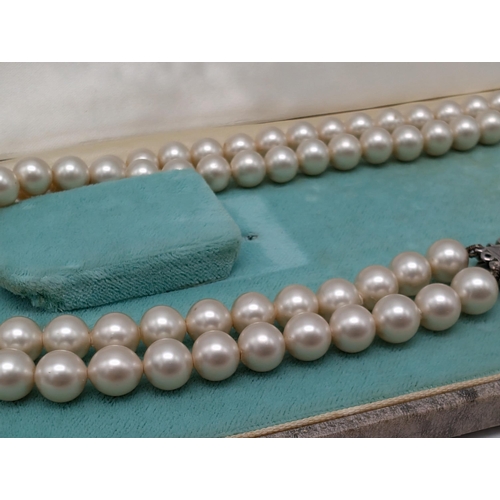 603 - Vintage White Metal - Cultured Pearl Necklace with Decorative Clasp, fom Ham and Huddy.