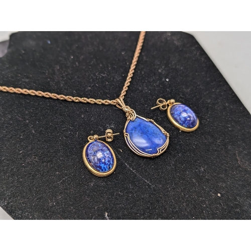 604 - 9ct Gold Chain With Attratctive Blue Stone and Similar Pair Matched Earrings (earrings unmarked) Cha... 