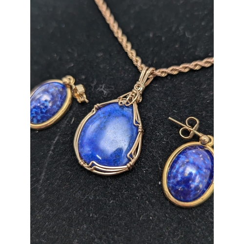 604 - 9ct Gold Chain With Attratctive Blue Stone and Similar Pair Matched Earrings (earrings unmarked) Cha... 