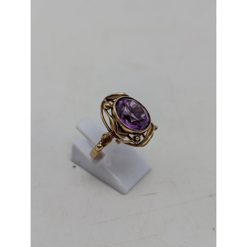 605 - Exceptional 9ct Gold & Amethyst Earring, Ring and Necklace With Pendant Set. Chain Marked, Ring Mark... 