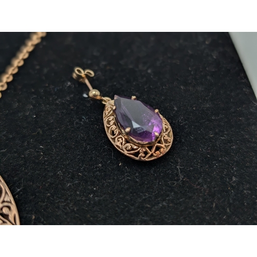 605 - Exceptional 9ct Gold & Amethyst Earring, Ring and Necklace With Pendant Set. Chain Marked, Ring Mark... 