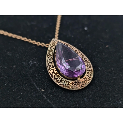 605 - Exceptional 9ct Gold & Amethyst Earring, Ring and Necklace With Pendant Set. Chain Marked, Ring Mark... 