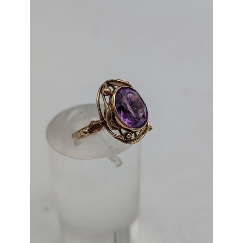 605 - Exceptional 9ct Gold & Amethyst Earring, Ring and Necklace With Pendant Set. Chain Marked, Ring Mark... 