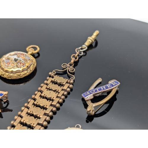 615 - Victorian/Edwardian Bundle of Victorian Fob Chain, Edward VII enamelled Coronation Pin.. Pinchbeck V... 