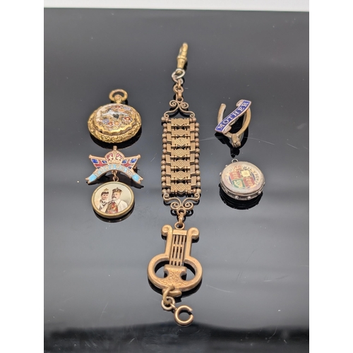 615 - Victorian/Edwardian Bundle of Victorian Fob Chain, Edward VII enamelled Coronation Pin.. Pinchbeck V... 