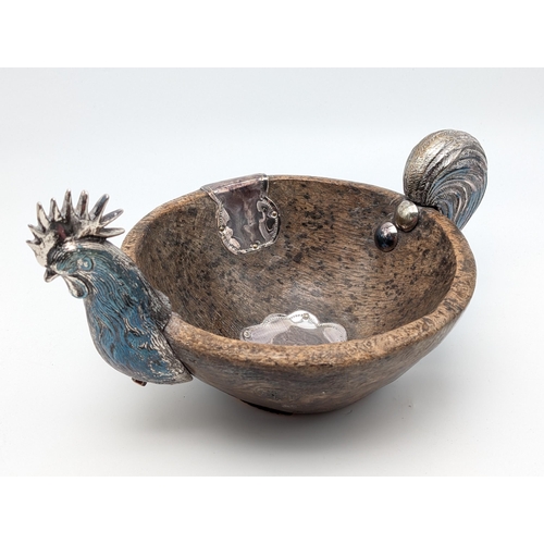 558A - Rare Sterling Silver Spanish Colonial Turned Wood And Solid Sterling Silver mounted rooster bowl. Th... 