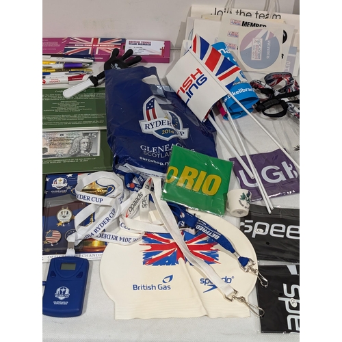 168 - Huge Bundle Sporting Ephemera, Lanyards, Flags, Balls, Soft Toys, Pens, Commemorative Etc