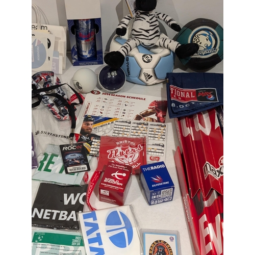 168 - Huge Bundle Sporting Ephemera, Lanyards, Flags, Balls, Soft Toys, Pens, Commemorative Etc