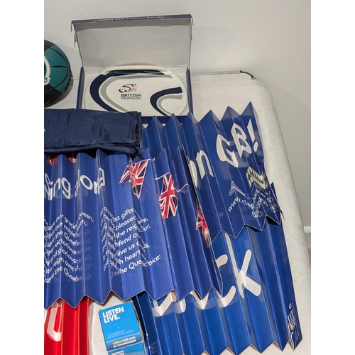 168 - Huge Bundle Sporting Ephemera, Lanyards, Flags, Balls, Soft Toys, Pens, Commemorative Etc