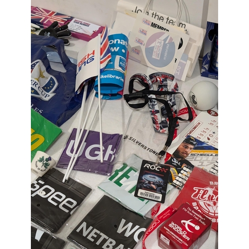 168 - Huge Bundle Sporting Ephemera, Lanyards, Flags, Balls, Soft Toys, Pens, Commemorative Etc