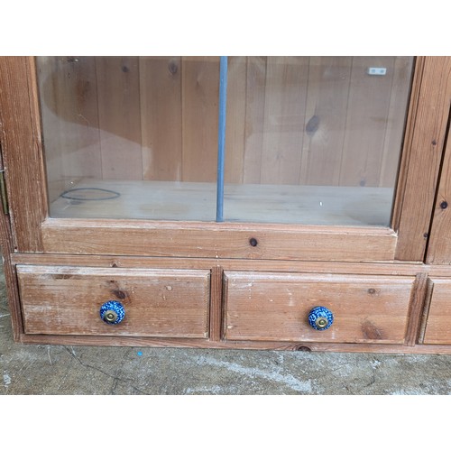 24 - Large Pine Two Door 4 drawer Display Cabinet With Leaded Glass Doors & Decorative Handles 136x109x44... 