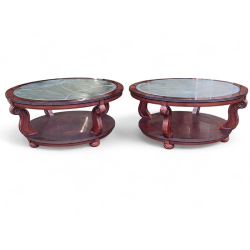 35 - A Set of 3 Round Matching Mahogany Colored Tables With Well Carved Designs and Decorative Glass Tops... 