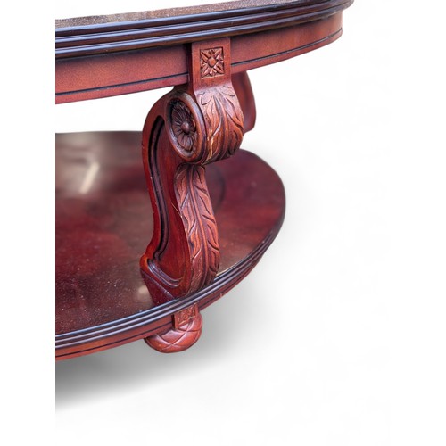 35 - A Set of 3 Round Matching Mahogany Colored Tables With Well Carved Designs and Decorative Glass Tops... 