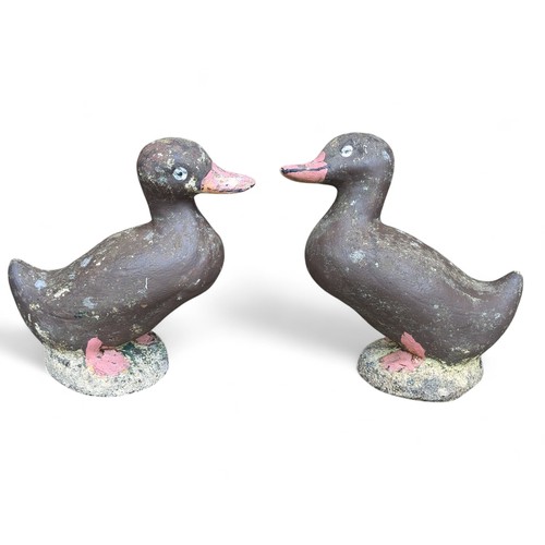 40 - Attractive Pair Reconstituted Stone Painted Garden Ducks - 35x40cm Good Order