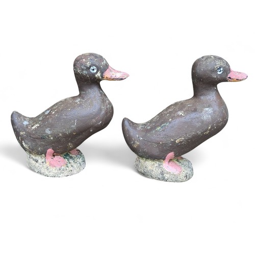 40 - Attractive Pair Reconstituted Stone Painted Garden Ducks - 35x40cm Good Order