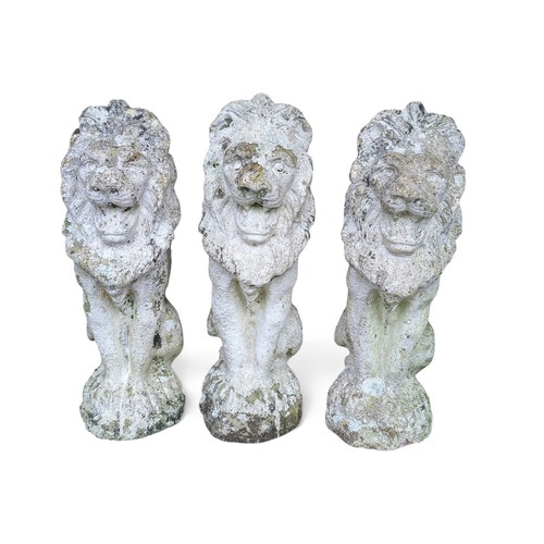 41 - Trio Reconstituted Stone Garden Lions - Good Order 50cm