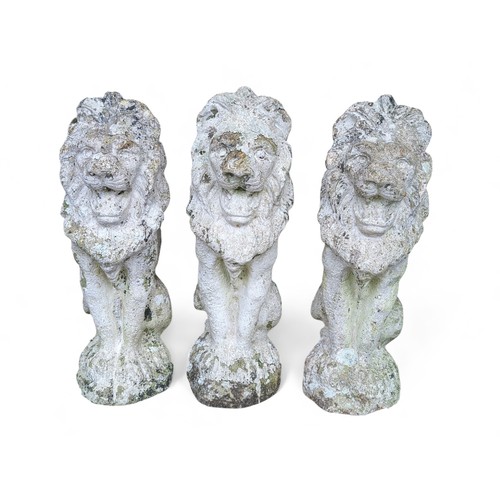 41 - Trio Reconstituted Stone Garden Lions - Good Order 50cm