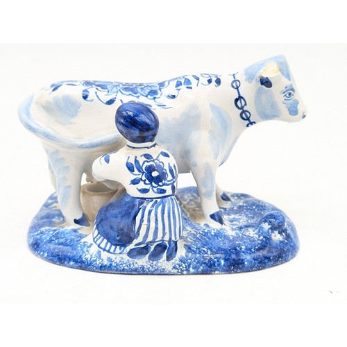 59 - Antique Delft / Netherlands Group, Including Faience Cow 13cm Good Overall Condition, Small 11cm Cow... 