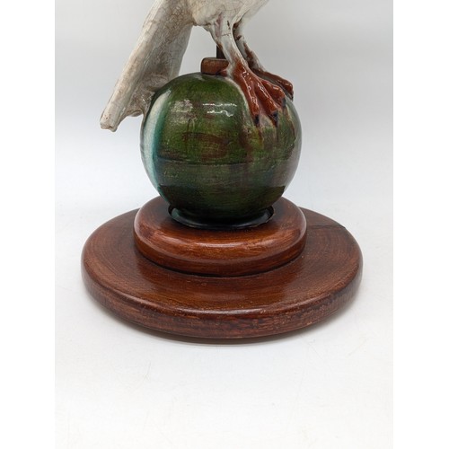 60 - Antique C1900 Bavent France Polychrome Earthenware Dove Statue On Ball, With Original Wooden Mount -... 