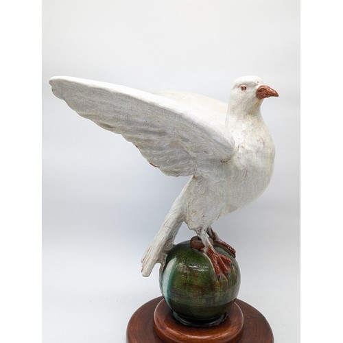 60 - Antique C1900 Bavent France Polychrome Earthenware Dove Statue On Ball, With Original Wooden Mount -... 