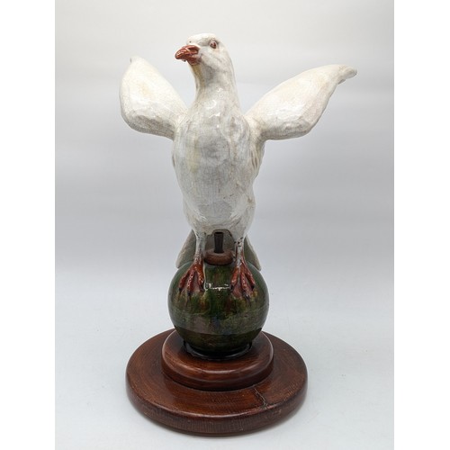 60 - Antique C1900 Bavent France Polychrome Earthenware Dove Statue On Ball, With Original Wooden Mount -... 