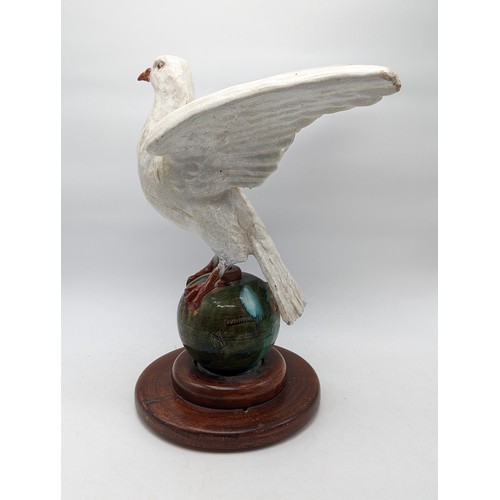 60 - Antique C1900 Bavent France Polychrome Earthenware Dove Statue On Ball, With Original Wooden Mount -... 