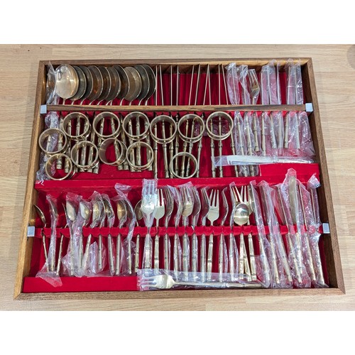 96 - Extensive Nickel Bronze Cutlery Set With Bamboo Style Handles Contained Within Large Wooden Case