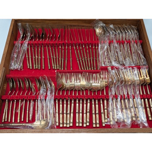 96 - Extensive Nickel Bronze Cutlery Set With Bamboo Style Handles Contained Within Large Wooden Case