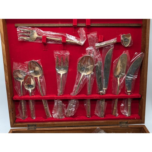 96 - Extensive Nickel Bronze Cutlery Set With Bamboo Style Handles Contained Within Large Wooden Case