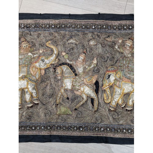 128 - South East Asian Metal Threaded Wall Hanging Panel Depicting Figures On Horseback / Elephants 120x60... 