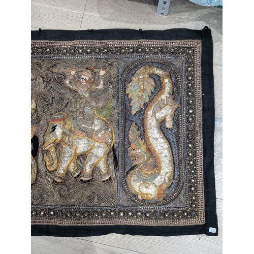 128 - South East Asian Metal Threaded Wall Hanging Panel Depicting Figures On Horseback / Elephants 120x60... 