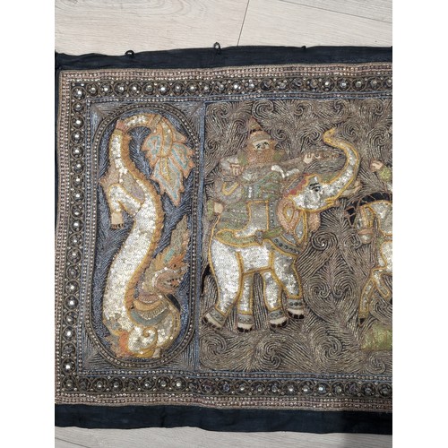 128 - South East Asian Metal Threaded Wall Hanging Panel Depicting Figures On Horseback / Elephants 120x60... 