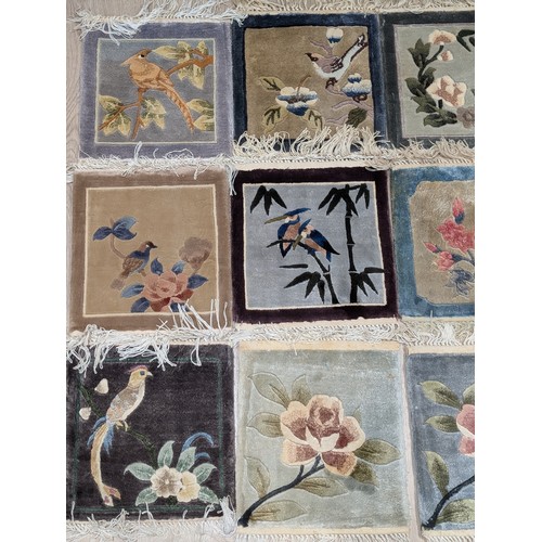 143 - Group (15) 35cm Oriental Carpet / Silk Panels Floral / Birds Etc