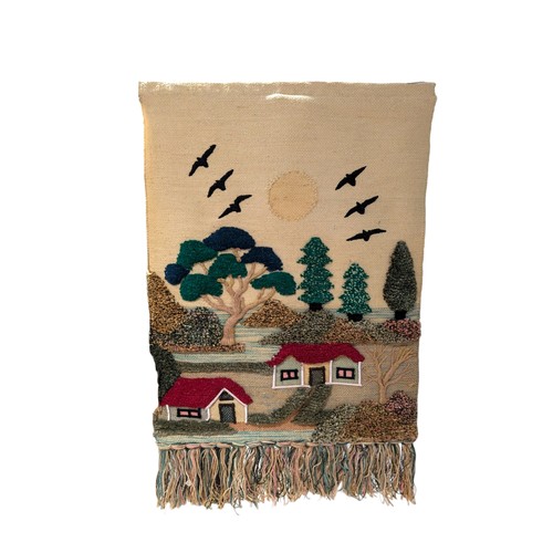 145 - Pair Large Native Village Jute Tapestry Wall Hangings 120x70cms