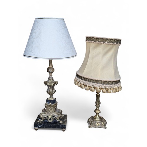 172 - Attractive Pair of Brass Lamp Bases With Shades, Marble Based One Has Damaged Corner and Will Need N... 