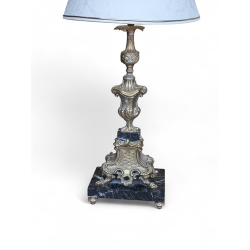 172 - Attractive Pair of Brass Lamp Bases With Shades, Marble Based One Has Damaged Corner and Will Need N... 