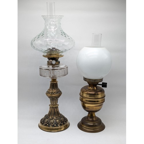 173 - Attratcive Pair Vintage Oil Lamps, One Large Hinks 60cm With Brass Base, Cut Glass Reservoir Etc Bot... 