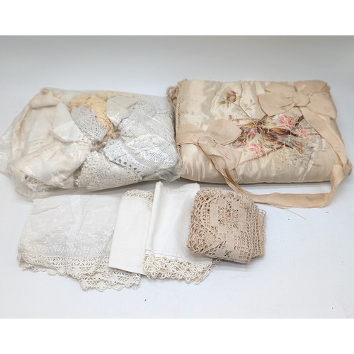 206 - Antique Silk Lingeries Case, Along with Bag of Silks, Doilies Etc