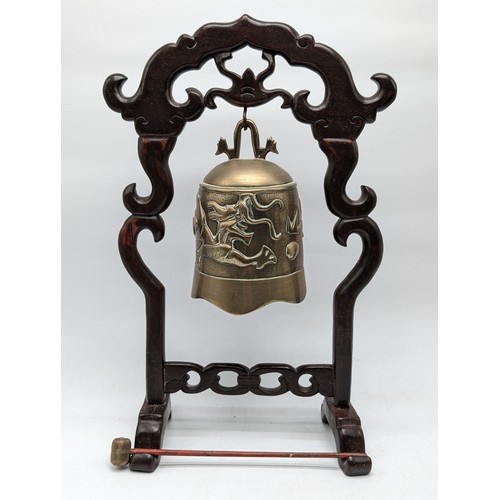 212 - Oriental Brass Bell on Stand With Striker 44cm - Along with Two Oriental Ceramics, Including Famille... 