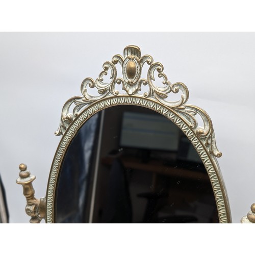 214 - Vintage Early 20C Brass Framed Dressing Table Mirror - In Good Order 30x50cm